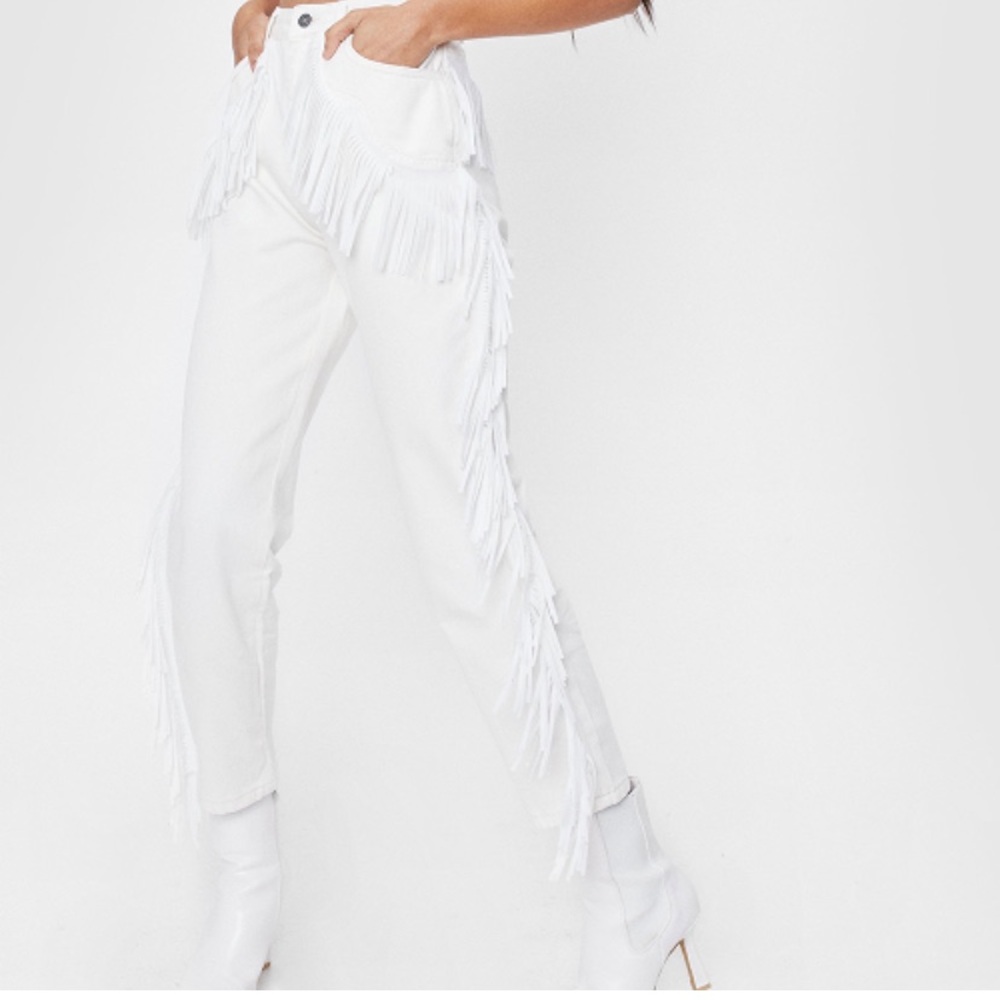 Nasty Gal High Waisted Hi Rise White Ivory Fringe Denim Jeans